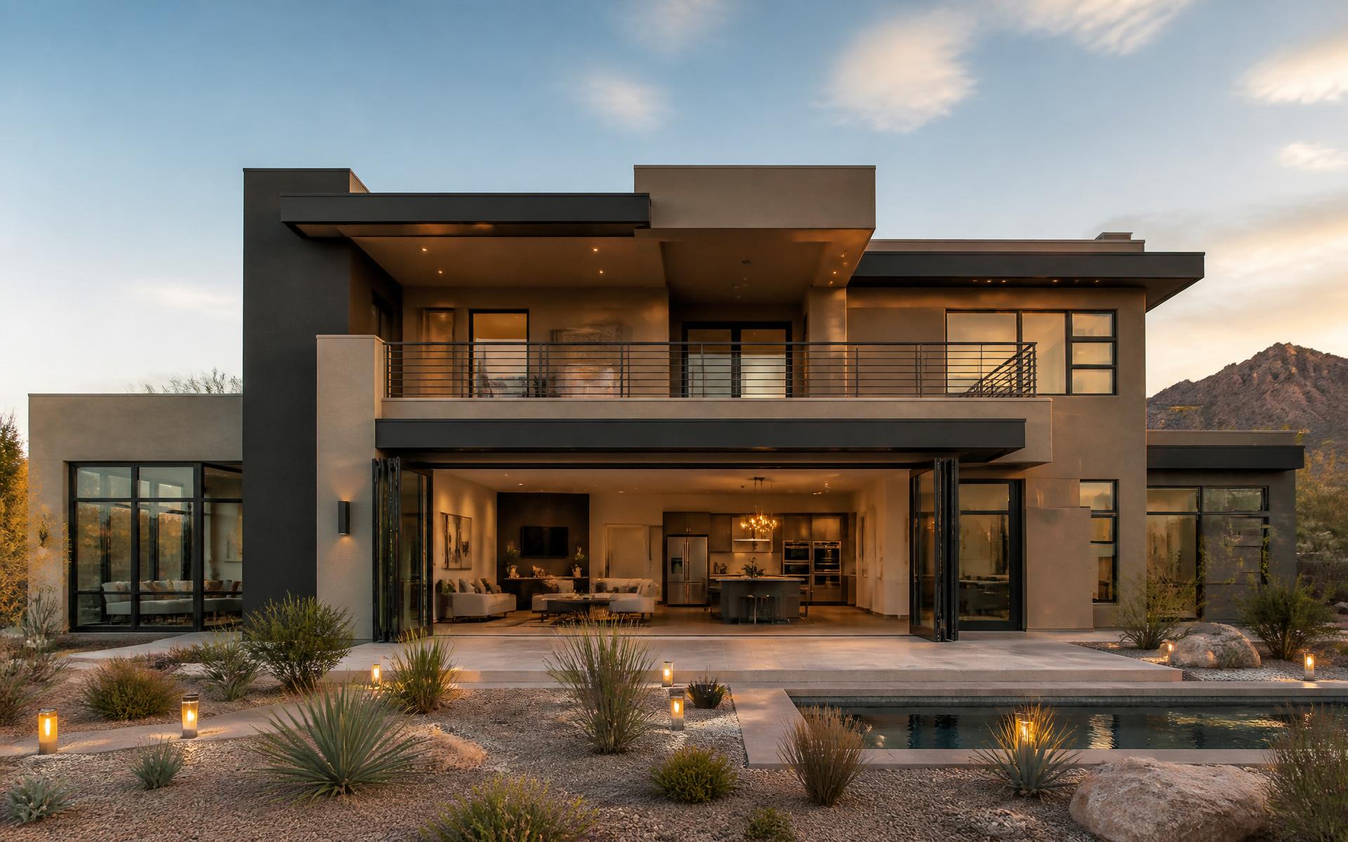 Modern custom home exterior at golden hour